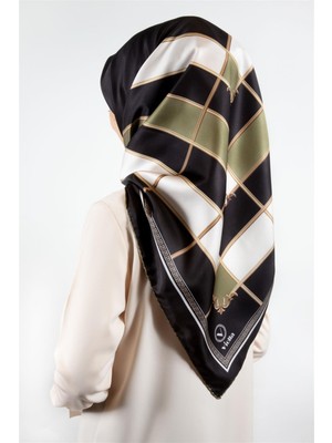 Violla Twill Gold Detaylı Kareli Desenli Haki Renkli 90X90 Eşarp (Ipek Içermez) Kenar Dikiş Şekli El Dikişli