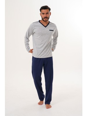 Çift Kaplan Erkek Düz V Yaka Gri Pijama Takımı 8001