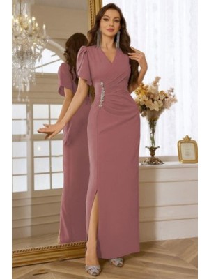 Mossta Sim Taş Detaylı Yırtmaçlı Kruvaze Yaka Abiye Elbise - Pembe