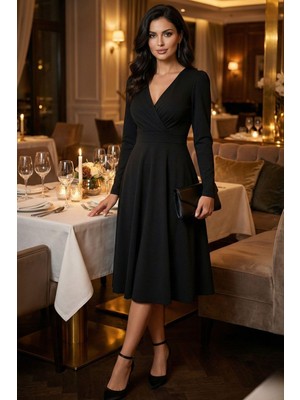 Mossta Premium Tasarım Siyah Uzun Kollu Midi Elbise