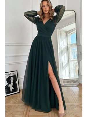 Mossta Kruvaze Yaka Tüllü Uzun Ithal Krep Elbise - Yeşil