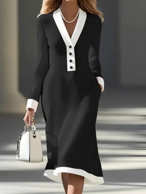 Mç Plus Kadın Uzun Kollu V Yakalı Düğmeli Midi Modal Elbise