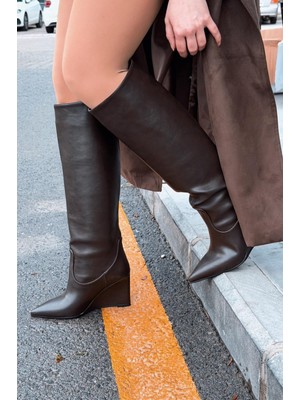 I Love Shoes Ravita Kadın Dolgu Topuklu Çizme Acıkahve Mat Deri