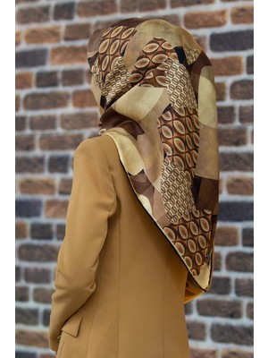 Vissona %100 Twill Ipek Geometrik Desenli Gül Kurusu - Vizon Renkli 90X90 Eşarp Eşarp Kenar Dikiş Şekli El Dikişli