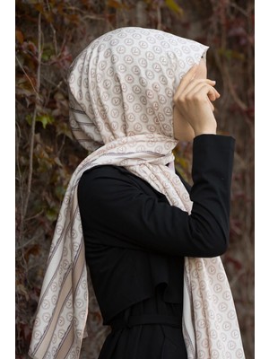 Vissona %100 Ipek Monogram Desenli Bej - Krem Renkli 92X210 Şal