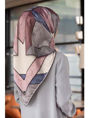 Violla Twill Mermer Desenli Pudra - Bebe Mavisi Renkli 90X90 Eşarp (Ipek Içermez) Kenar Dikiş Şekli El Dikişli