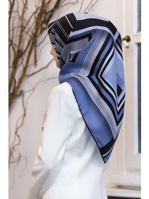 Vissona %100 Twill Ipek Kare Desenli Indigo - Gri Renkli 90X90 Eşarp Kenar Dikiş Şekli El Dikişli