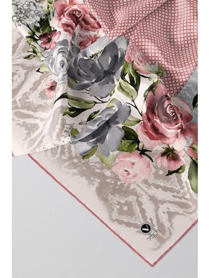 Violla Twill Çiçek Desenli Pudra  Renkli 90X90 Eşarp (Ipek Içermez) Kenar Dikiş Şekli El Dikişli