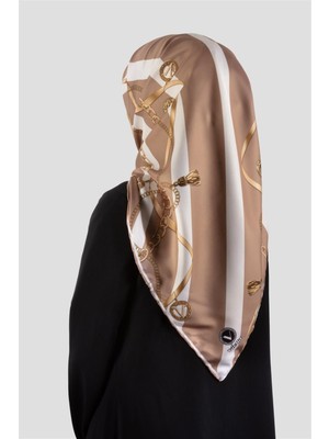 Violla Twill Çizgili Kemer ve Zinci Desenli Vizon Renkli 90X90 Eşarp (Ipek Içermez) Kenar Dikiş Şekli El Dikişli