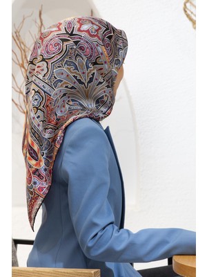 Vissona 100% Twill Ipek Etnik Desenli Bordo - Indigo Renkli 90X90 Dikim Şekli : El Dikişi Eşarp