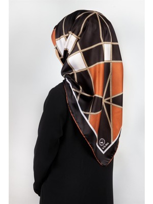 Violla Twill Gold Detaylı Geometrik Çiçekli Desenli Taba Renkli 90X90 Eşarp (Ipek Içermez) Kenar Dikiş Şekli El Dikişli