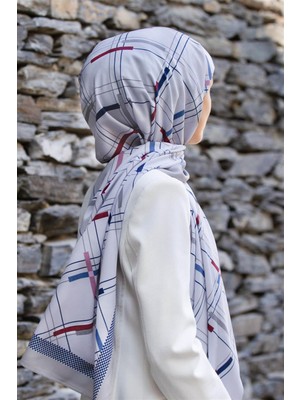 Vissona Lüks Medine Ipeği Geometrik Desenli Gri - Mürdüm Renkli 75X195 Kırışmaz Şal Moss Krep Dikiş Tipi Italyan Dikişli