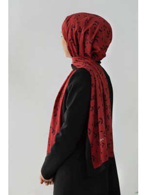Vissona Lüks Medine Yaprak Desenli Bordo Renkli 75X195 Kırışmaz Şal Moss Krep Dikiş Tipi Italyan Dikişli