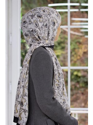 Vissona Lüks Medine Ipeği Çiçekli Gri - Bej Mavi Renkli 75X195 Kırışmaz Şal Moss Krep Dikiş Tipi Italyan Dikişli