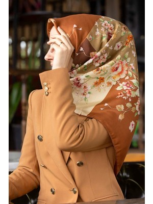 Vissona %100 Twill Ipek Geometrik ve Çiçek Desenli Taba Renkli 90X90 Eşarp Dikim Şekli : El Dikişi