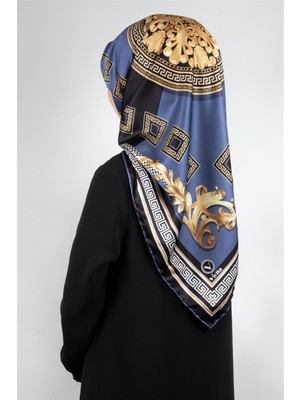 Violla Twill Barok Desenli Indigo Renkli 90X90 Eşarp (Ipek Içermez) Kenar Dikiş Şekli El Dikişli