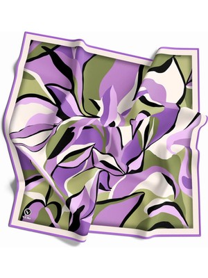 Violla Twilll Büyük Yaprak Desenli Mor - Haki Renkli 90X90 Eşarp (Ipek Içermez) Kenar Dikiş Şekli El Dikişli