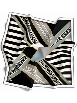 Violla Twill Çizgili Geometrik Desenli Buz Mavisi Renkli 90X90 Eşarp (Ipek Içermez) Kenar Dikiş Şekli El Dikişli