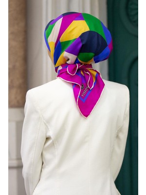 Vissona %100 Twill Renk Bloklu Çizgili Desenli Fuşya - Saks Renkli 90X90 Eşarp Dikim Şekli: El Dikişii