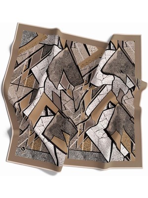 Violla Kristal Geometrik Desenli Gri - Bej Renkli 90X90 Eşarp (Ipek Içermez) Kenar Dikiş Şekli El Dikişli