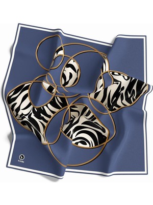 Violla Soft Çember ve Zebra Desenli Indigo Renkli 90X90 Eşarp (Ipek Içermez) Kenar Dikiş Şekli El Dikişli