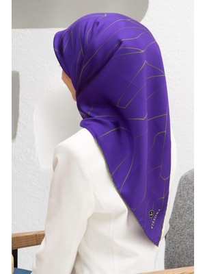 Vissona %100 Twill Ipek Çizgi Desenli Mor - Haki Renkli 90X90 Eşarp Dikim Şekli : El Dikişi