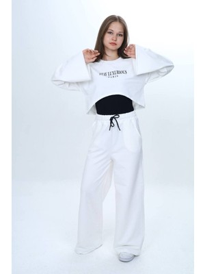 Asortix Kız Çocuk %100 Pamuk 3 Parça Eşofman Takımı – Modern Crop Üst, Geniş Kol, Spor KOMBIN--EŞT-0035-182