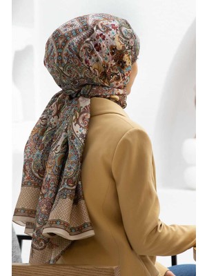 Vissona %100 Ipek Etro Desenli Bej - Petrol Yeşili Renkli Şal