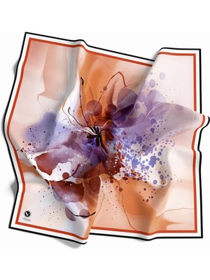 Violla Twill Suluboya Çiçek Desenli Taba Renkli 90X90 Soft Eşarp Kenar Dikiş Şekli El Dikişli