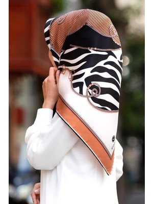 Vissona %100 Twill Ipek Zincirli ve Zebra Desenli Bakır - Siyah Renkli 90X90 Eşarp Dikim Şekli : El Dikişi