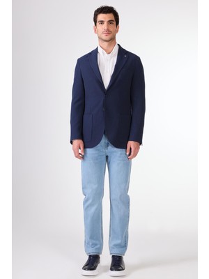 Dufy Lacivert Erkek Slim Fit Armürlü Mono Yaka Ceket