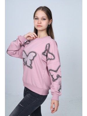 Asortix Kız Çocuk %100 Pamuk Sweatshirt – Iki Iplik Kelebek DESENLI-SWT-0001-3012