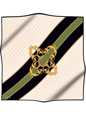 Vissona %100 Twill Ipek Monogram ve Barok Desenli Siyah - Haki Renkli 90X90 Eşarp Dikim Şekli : El Dikişi