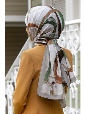 Vissona Lüks Medine Ipeği Fırça Desenli Taş - Haki Renkli 75X195 Kırışmaz Şal Moss Krep Dikiş Tipi Italyan Dikişli