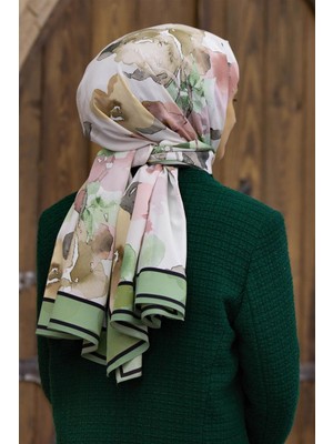 Vissona Lüks Medine Ipeği Çiçek Desenli Bej - Küf Yeşili Renkli 75X195 Kırışmaz Şal Moss Krep Dikiş Tipi Italyan Dikişli