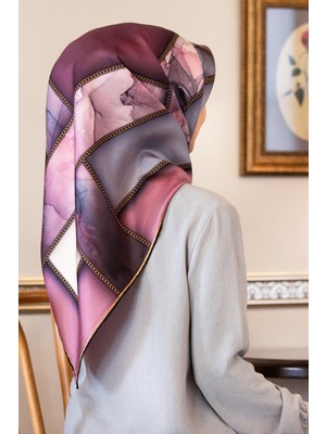 Vissona %100 Twill Ipek Efektli Bant Desenli Lila - Gri Renkli 90X90 Eşarp Dikim Şekli : El Dikişi