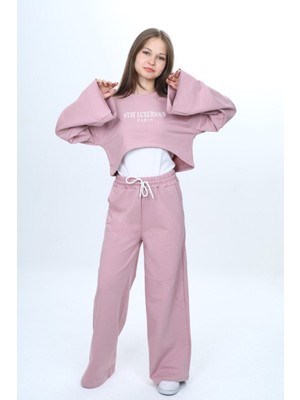 Asortix Kız Çocuk %100 Pamuk 3 Parça Eşofman Takımı – Modern Crop Üst, Geniş Kol, Spor KOMBIN--EŞT-0035-182