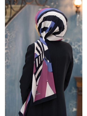 Vissona Lüks Medine Ipeği  Desenli Indigo  Renkli 75X195 Kırışmaz Şal Moss Krep Dikiş Tipi Italyan Dikişli