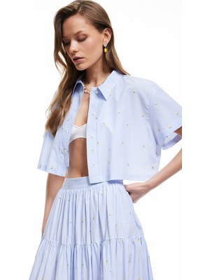 Koton Kısa Kollu Limon Işleme Detaylı Poplin Crop Gömlek