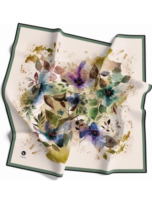 Violla Kristal Çiçek Desenli Krem - Petrol Yeşili Renkli 90X90 Eşarp (Ipek Içermez) Dikim Şekli : El Dikişi