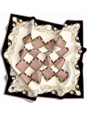 Violla Twill Kemer ve Zincir Desenli Pudra Renkli 90X90 Eşarp (Ipek Içermez) Kenar Dikiş Şekli El Dikişli