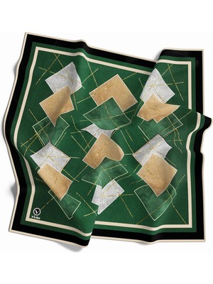 Violla Twill Geometrik Desenli Petrol Yeşili Renkli 90X90 Eşarp (Ipek Içermez) Kenar Dikiş Şekli El Dikişli