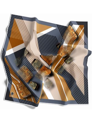 Violla Twill Çizgili ve Geometrik Desenli Hardal Renkli 90X90 Eşarp (Ipek Içermez) Kenar Dikiş Şekli El Dikişli
