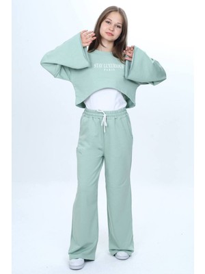 Asortix Kız Çocuk %100 Pamuk 3 Parça Eşofman Takımı – Modern Crop Üst, Geniş Kol, Spor KOMBIN--EŞT-0035-182