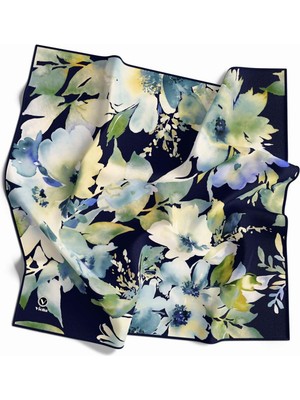 Violla Kristal Büyük Çiçek Desenli Lacivert Renkli 90X90 Eşarp (Ipek Içermez) Kenar Dikiş Şekli El Dikişli