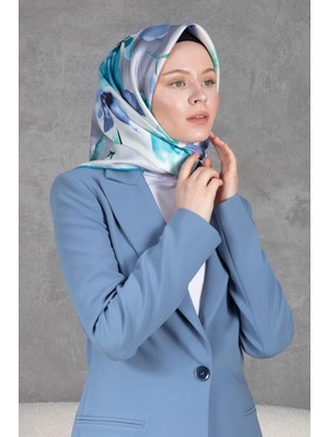 Vissona %100 Twill Ipek Çiçek Desenli Gri - Indigo Renkli 90X90 Dikim Şekli : El Dikişi Eşarp