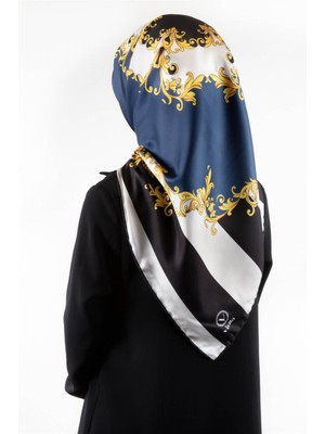 Violla Twill Çizgili Barok Desenli Indigo Renkli 90X90 Eşarp (Ipek Içermez)