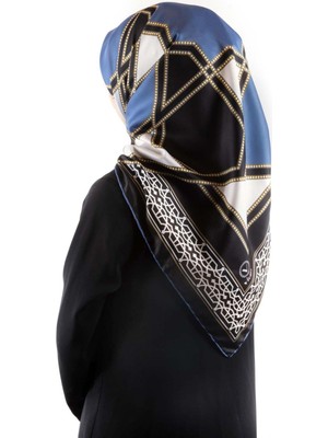 Violla Twill Osmanlı Çini Desenli Indigo Renkli 90X90 Eşarp (Ipek Içermez)Kenar Dikiş Şekli El Dikişli