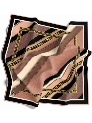 Violla Twill Gold Çerçeveli Renkli Şerit Desenli Pudra Renkli 90X90 Eşarp (Ipek Içermez) Dikim Şekli : El Dikişi