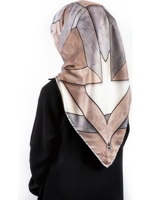 Violla Twill Mermer Desenli Gri - Bej Renkli 90X90 Eşarp (Ipek Içermez) Kenar Dikiş Şekli El Dikişli